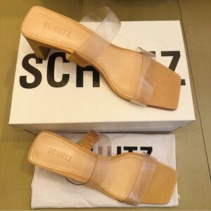NIB SCHUTZ Taina Sandals Transparent Vinyl Strap Block Heel Sandals size 10B